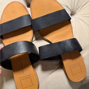 Dolce Vita Black Two-Strap Slide Sandals with Tan Footbed
